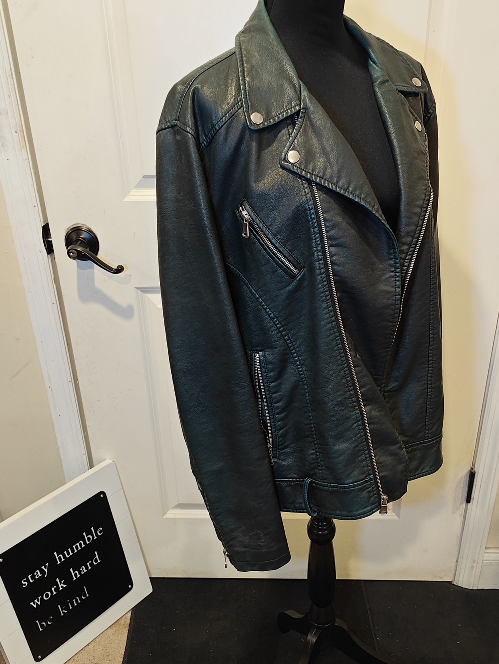 INC International Concepts Dark Green Faux Leather Moto Jacket